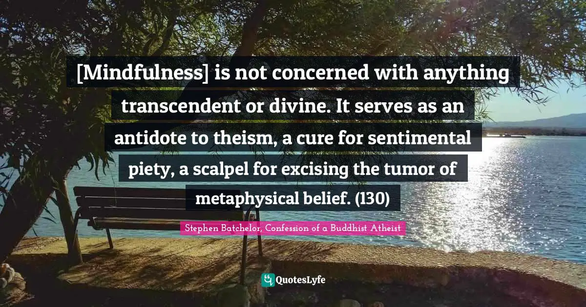 [Mindfulness] is not concerned with anything transcendent or divine. It serves as an antidote to theism, a cure for sentimental piety, a scalpel for excising the tumor of metaphysical belief. (130)