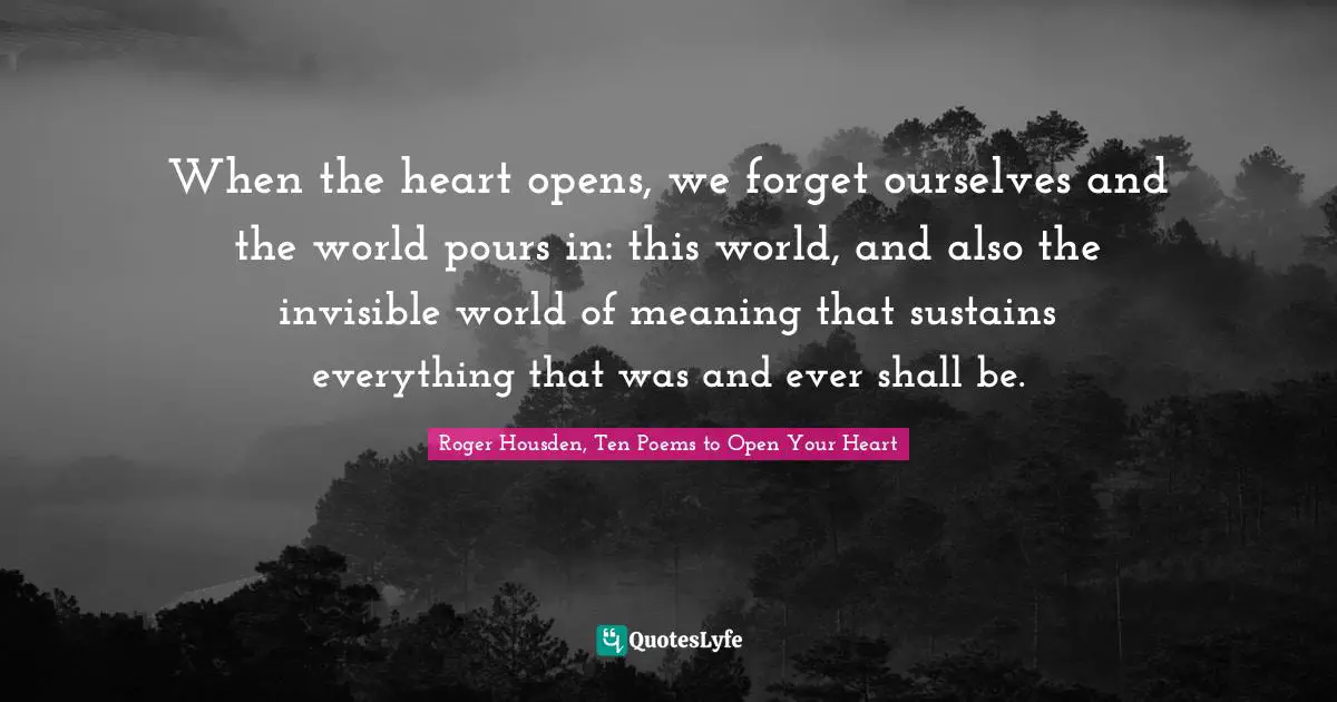 When the heart opens, we forget ourselves and the world pours in: this world, and also the invisible world of meaning that sustains everything that was and ever shall be.