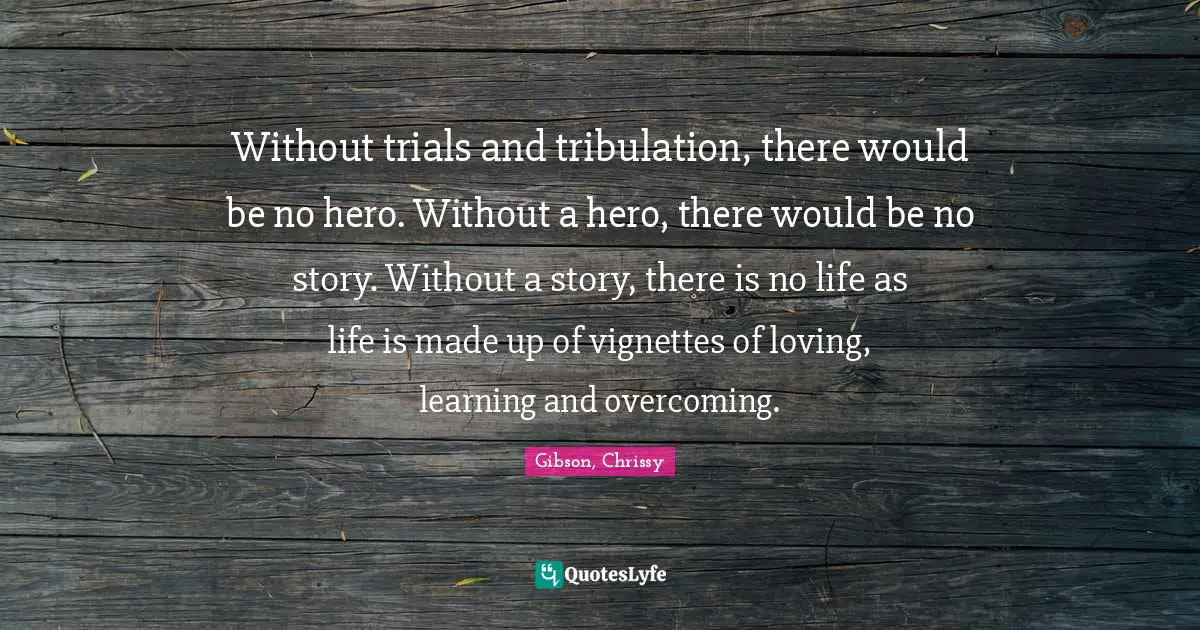Without trials and tribulation, there would be no hero. Without a hero, there would be no story. Without a story, there is no life as life is made up of vignettes of loving, learning and overcoming.