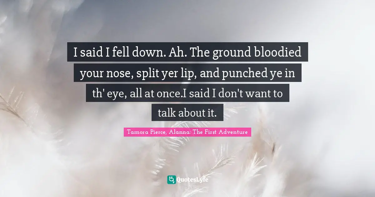 I said I fell down. Ah. The ground bloodied your nose, split yer lip, and punched ye in th' eye, all at once.I said I don't want to talk about it.