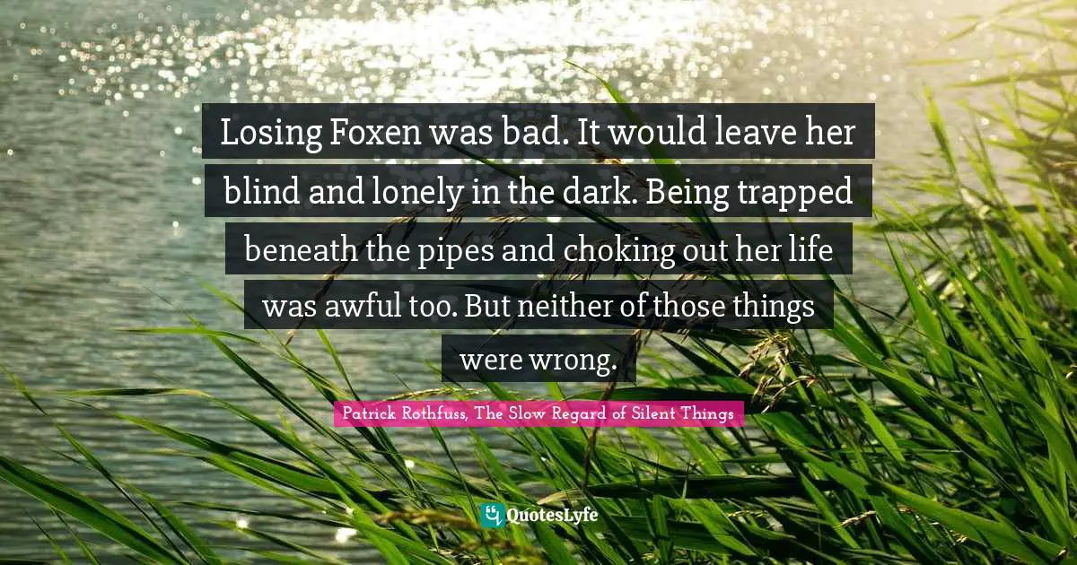 Losing Foxen was bad. It would leave her blind and lonely in the dark. Being trapped beneath the pipes and choking out her life was awful too. But neither of those things were wrong.