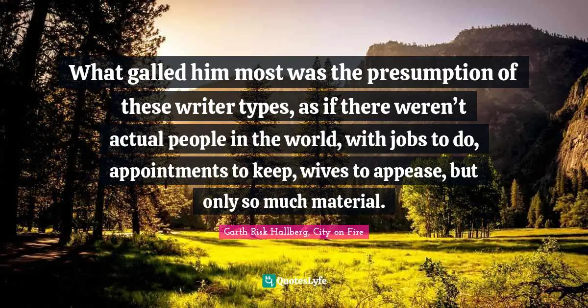 What galled him most was the presumption of these writer types, as if there weren’t actual people in the world, with jobs to do, appointments to keep, wives to appease, but only so much material.