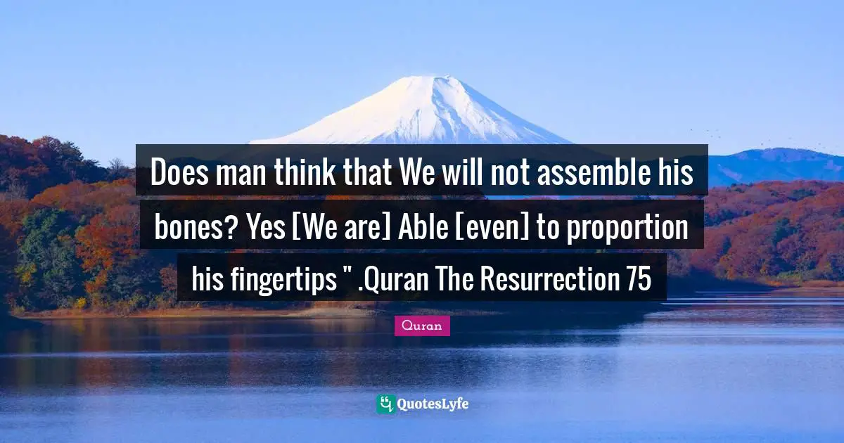 Quran Quotes: "Does man think that We will not assemble his bones? Yes [We are] Able [even] to proportion his fingertips " .Quran The Resurrection 75"