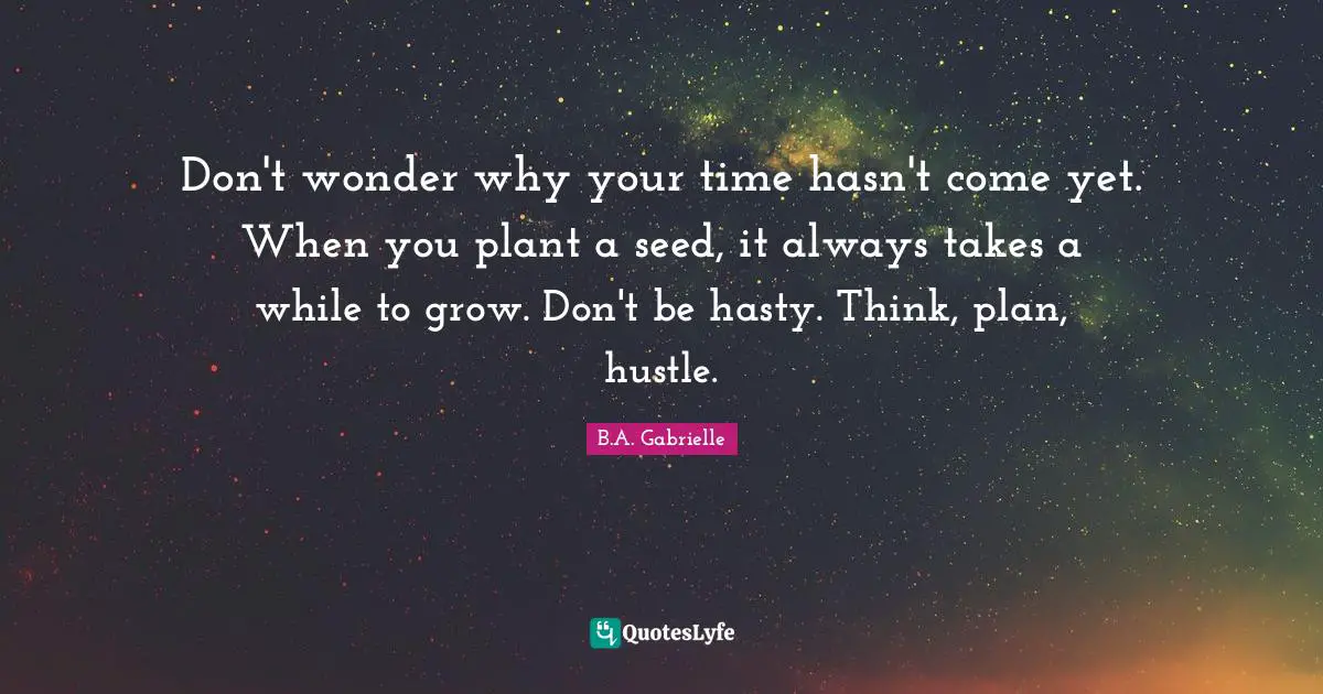 Don't wonder why your time hasn't come yet. When you plant a seed, it always takes a while to grow. Don't be hasty. Think, plan, hustle.