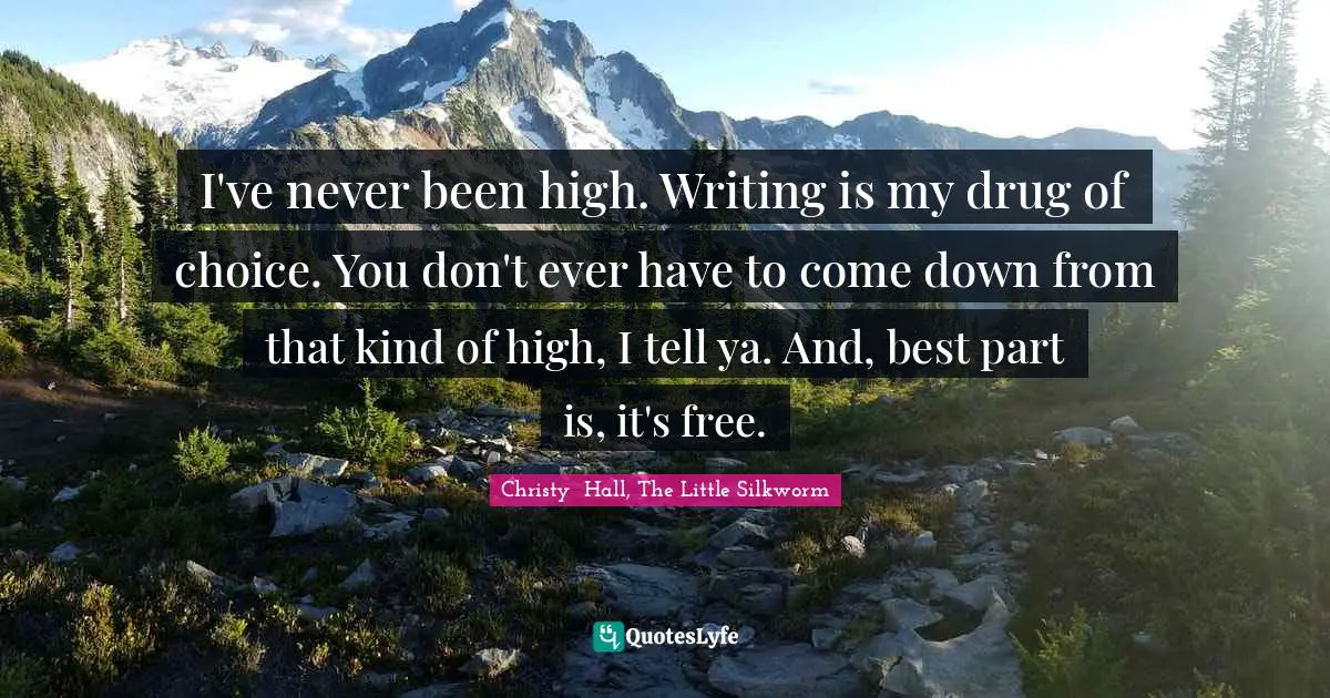 I've never been high. Writing is my drug of choice. You don't ever have to come down from that kind of high, I tell ya. And, best part is, it's free.