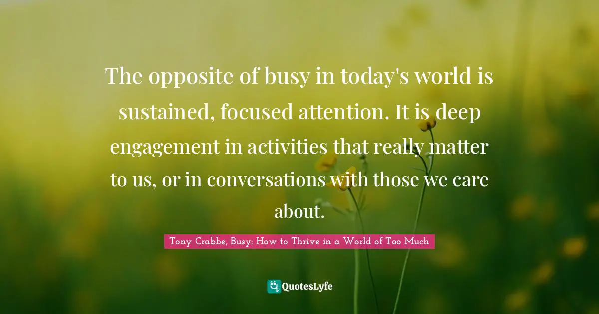 The opposite of busy in today's world is sustained, focused attention. It is deep engagement in activities that really matter to us, or in conversations with those we care about.