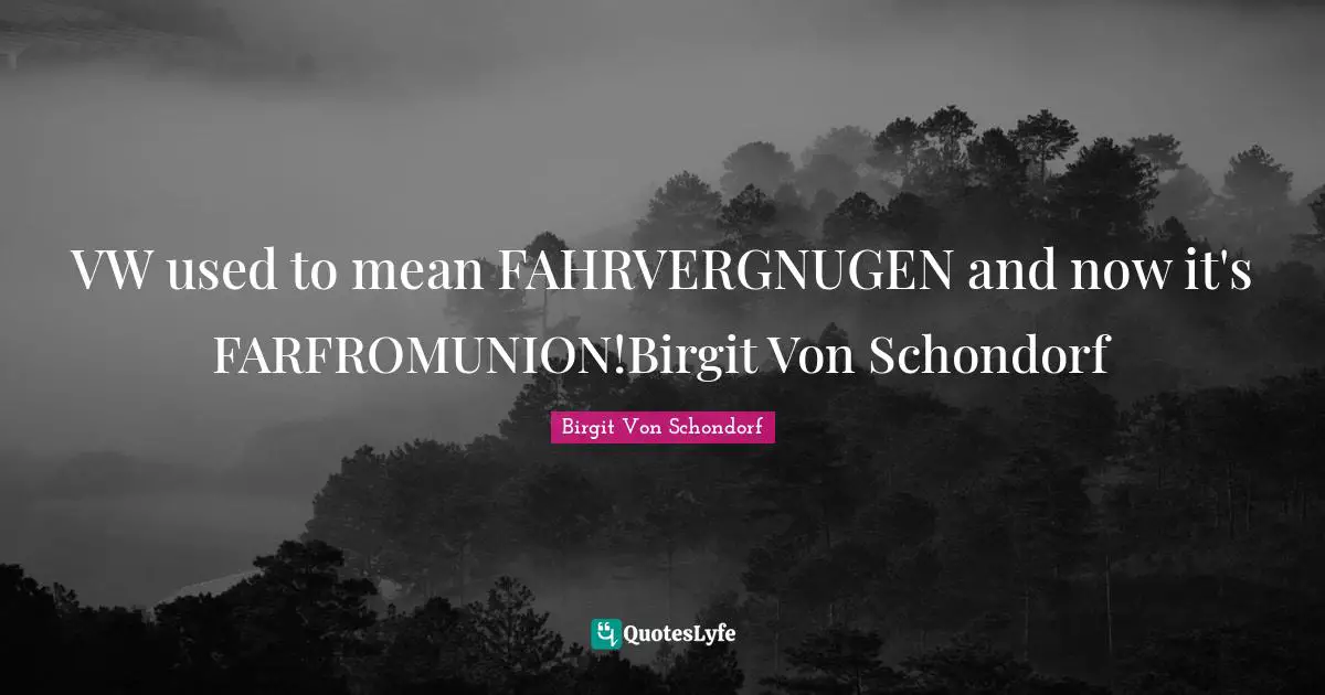 VW used to mean FAHRVERGNUGEN and now it's FARFROMUNION!Birgit Von Schondorf