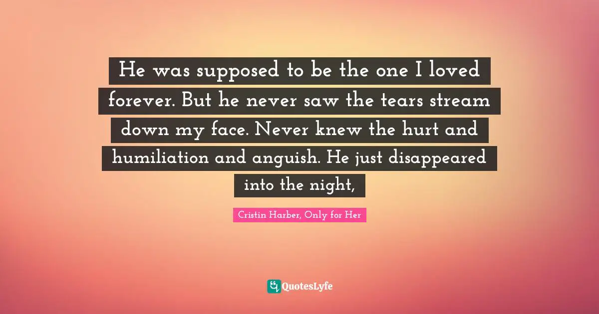 He was supposed to be the one I loved forever. But he never saw the tears stream down my face. Never knew the hurt and humiliation and anguish. He just disappeared into the night, 