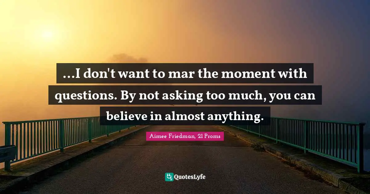 ...I don't want to mar the moment with questions. By not asking too much, you can believe in almost anything.