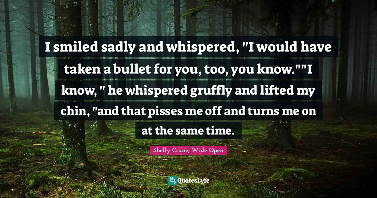 I smiled sadly and whispered, "I would have taken a bullet for you, too, you know.""I know, " he whispered gruffly and lifted my chin, "and that pisses me off and turns me on at the same time.