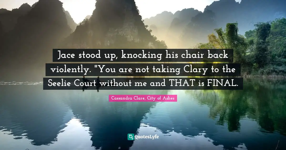 Jace stood up, knocking his chair back violently. "You are not taking Clary to the Seelie Court without me and THAT is FINAL.