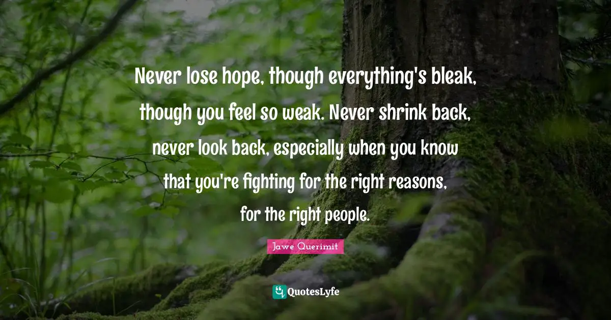 Never lose hope, though everything's bleak, though you feel so weak. Never shrink back, never look back, especially when you know that you're fighting for the right reasons, for the right people.