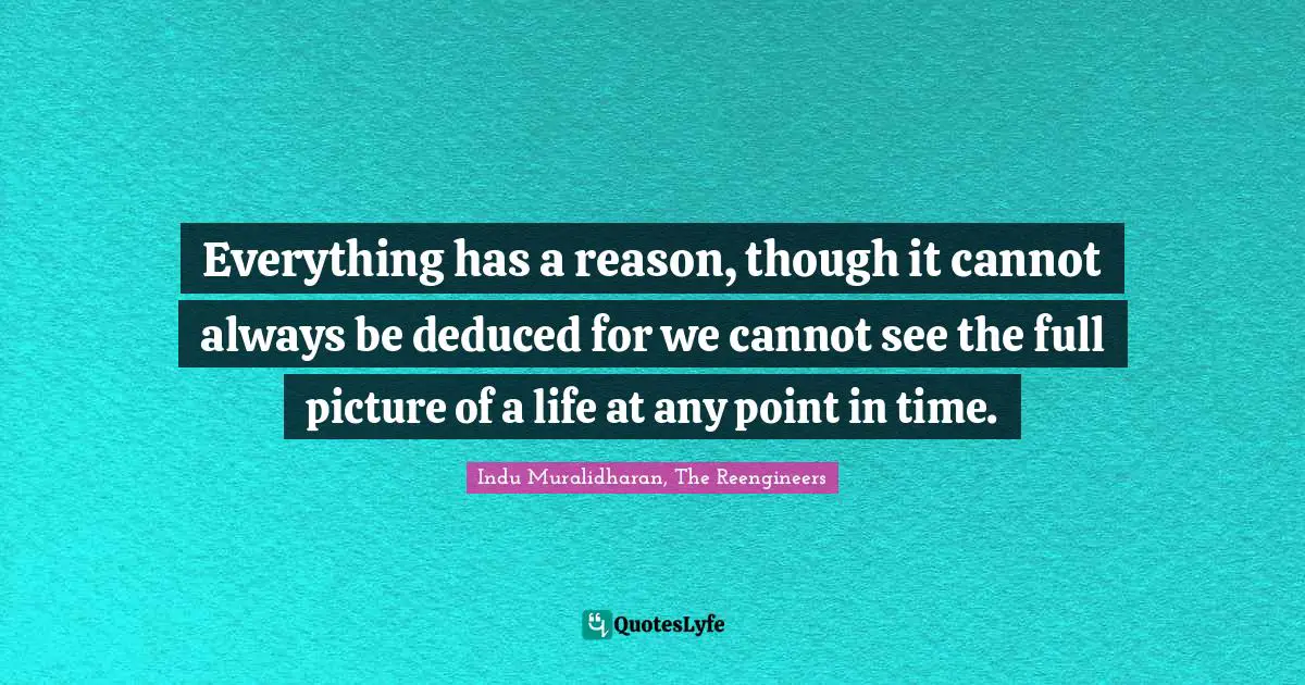 Indu Muralidharan, The Reengineers Quotes: "Everything has a reason, though it cannot always be deduced for we cannot see the full picture of a life at any point in time."
