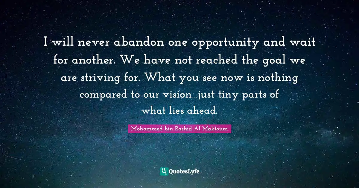 Mohammed Bin Rashid Al Maktoum Quotes: "I will never abandon one opportunity and wait for another. We have not reached the goal we are striving for. What you see now is nothing compared to our vision…just tiny parts of what lies ahead."