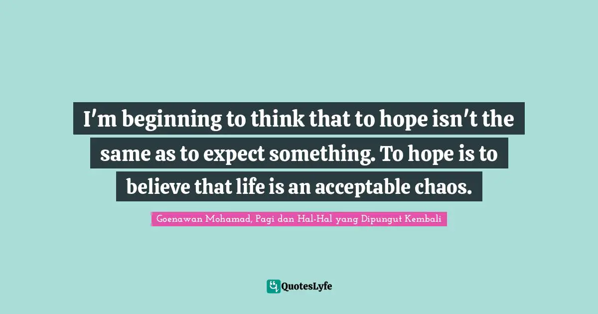 I'm beginning to think that to hope isn't the same as to expect something. To hope is to believe that life is an acceptable chaos.