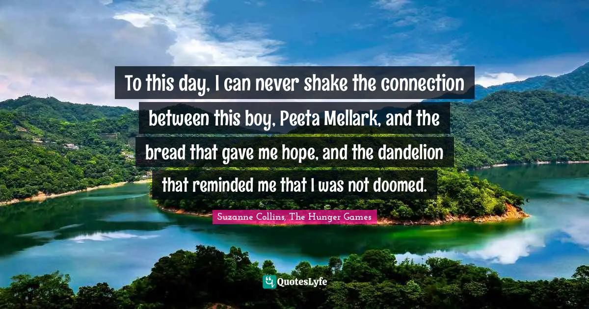 Suzanne Collins, The Hunger Games Quotes: To this day, I can never shake the connection between this boy, Peeta Mellark, and the bread that gave me hope, and the dandelion that reminded me that I was not doomed.