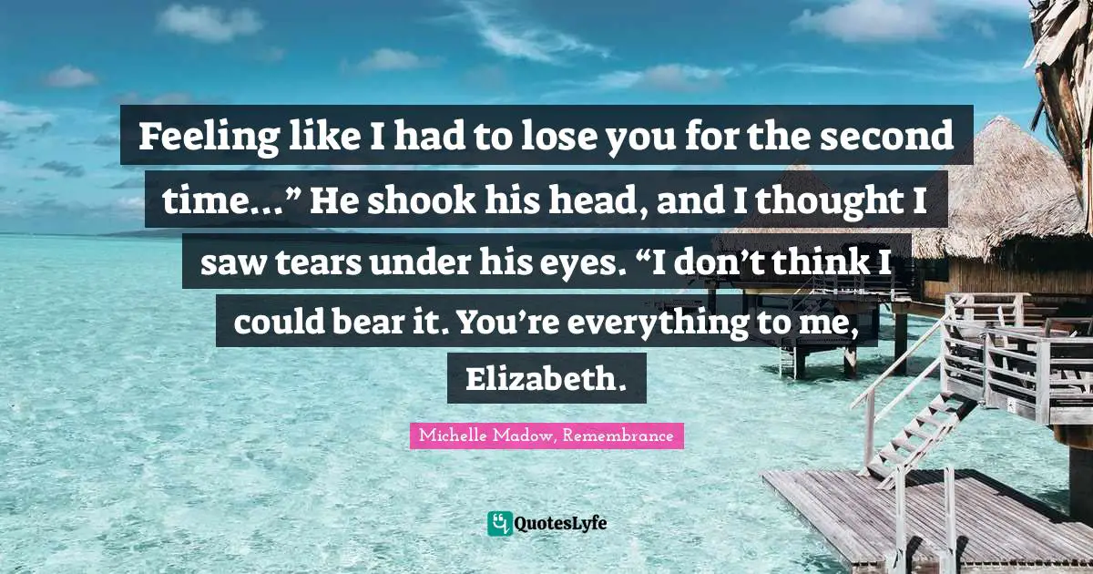 Feeling like I had to lose you for the second time...” He shook his head, and I thought I saw tears under his eyes. “I don’t think I could bear it. You’re everything to me, Elizabeth.