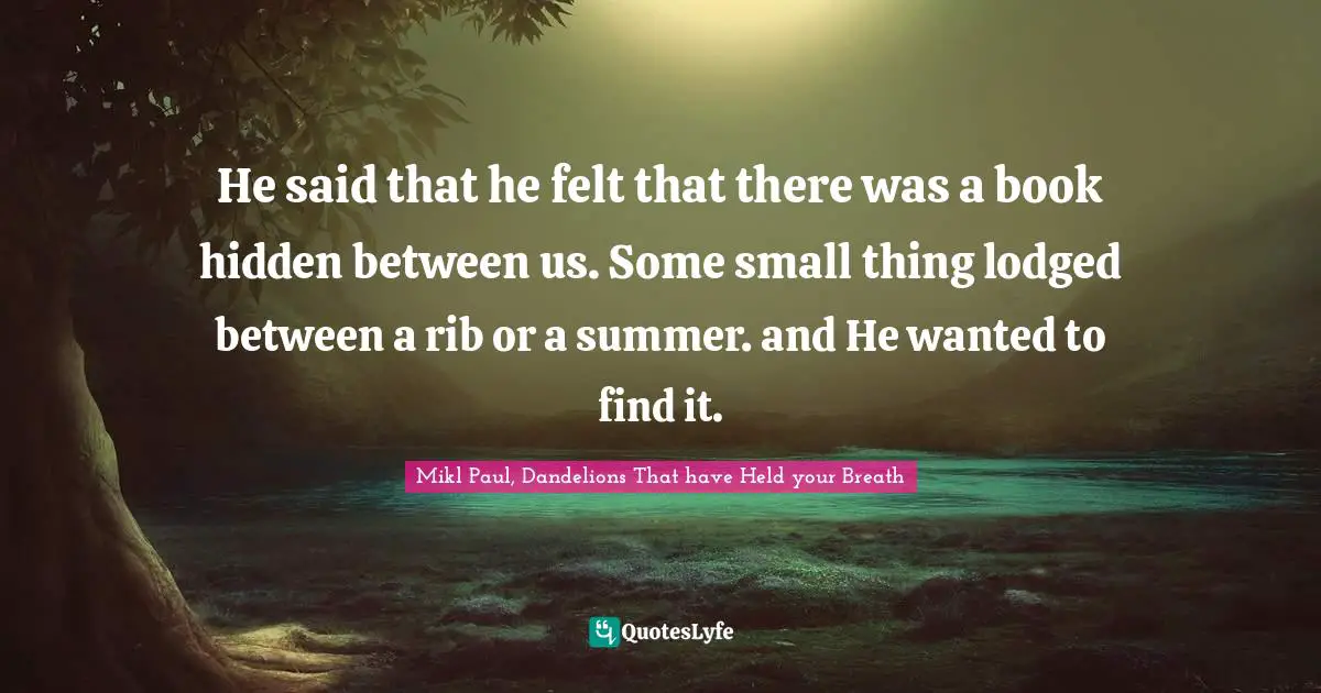 He said that he felt that there was a book hidden between us. Some small thing lodged between a rib or a summer. and He wanted to find it.