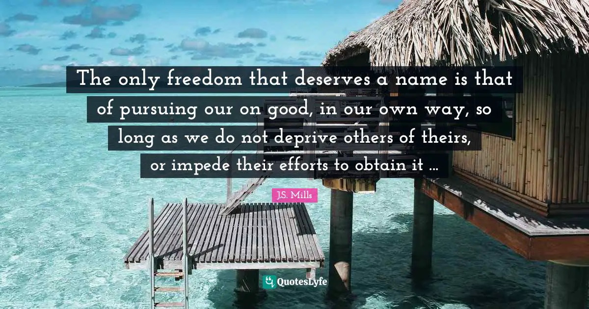 The only freedom that deserves a name is that of pursuing our on good, in our own way, so long as we do not deprive others of theirs, or impede their efforts to obtain it ...
