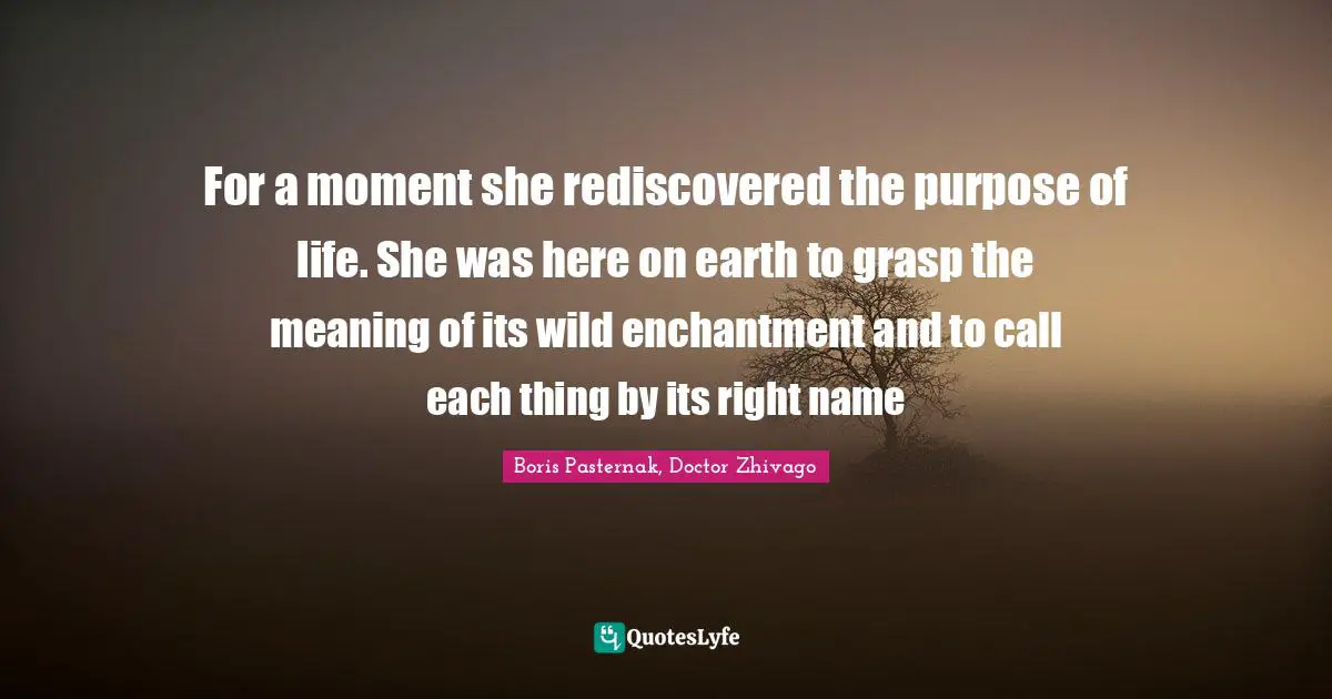 For a moment she rediscovered the purpose of life. She was here on earth to grasp the meaning of its wild enchantment and to call each thing by its right name
