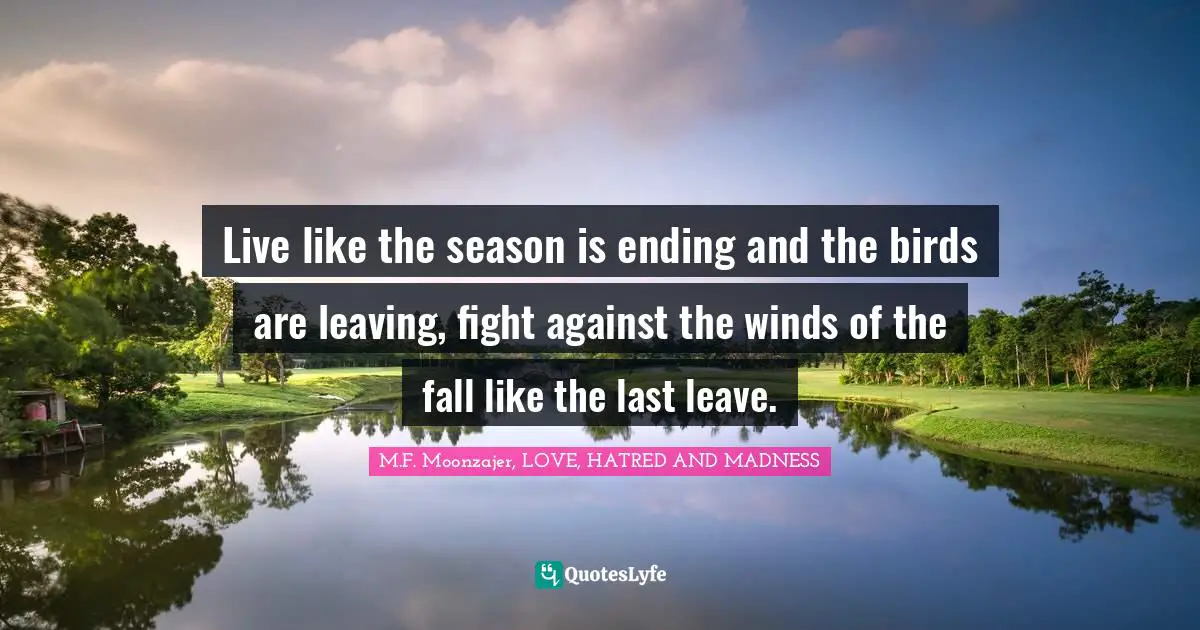M.F. Moonzajer, LOVE, HATRED AND MADNESS Quotes: Live like the season is ending and the birds are leaving, fight against the winds of the fall like the last leave.