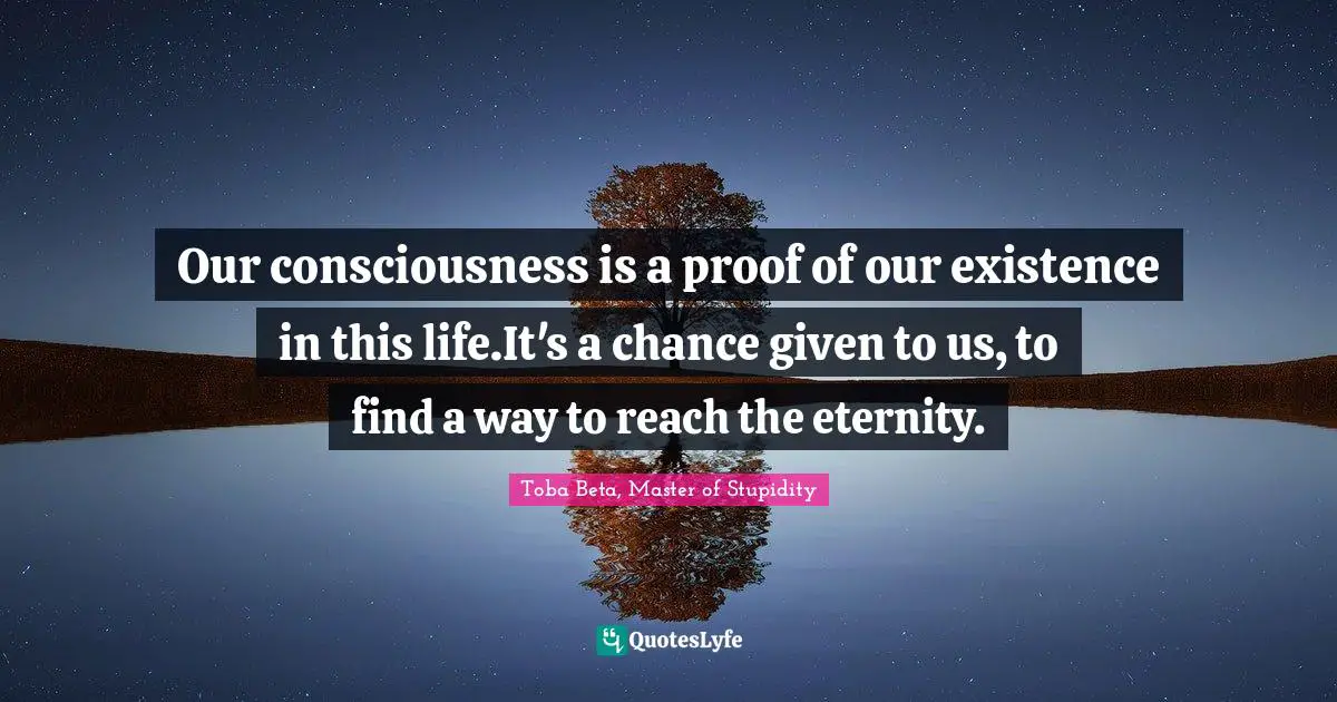 Toba Beta Quotes: "Our consciousness is a proof of our existence in this life.It's a chance given to us, to find a way to reach the eternity."