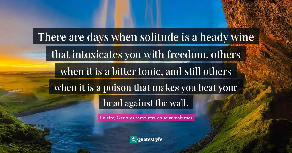 There are days when solitude is a heady wine that intoxicates you with freedom, others when it is a bitter tonic, and still others when it is a poison that makes you beat your head against the wall.