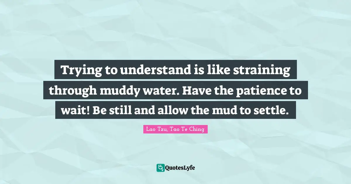Lao Tzu, Tao Te Ching Quotes: Trying to understand is like straining through muddy water. Have the patience to wait! Be still and allow the mud to settle.