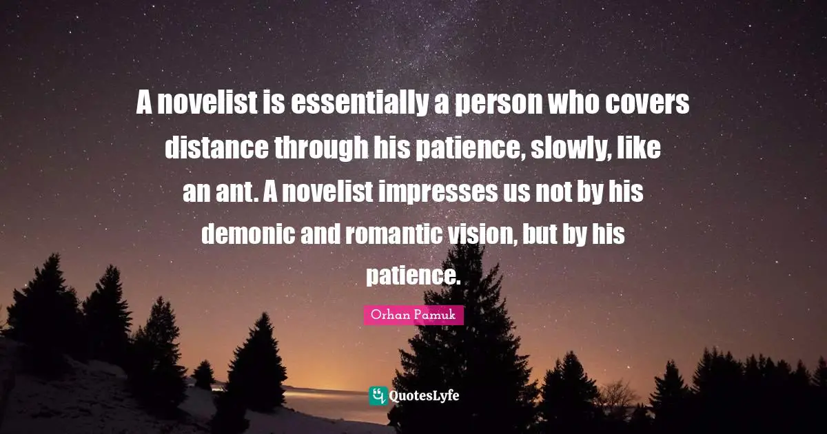 A novelist is essentially a person who covers distance through his patience, slowly, like an ant. A novelist impresses us not by his demonic and romantic vision, but by his patience.