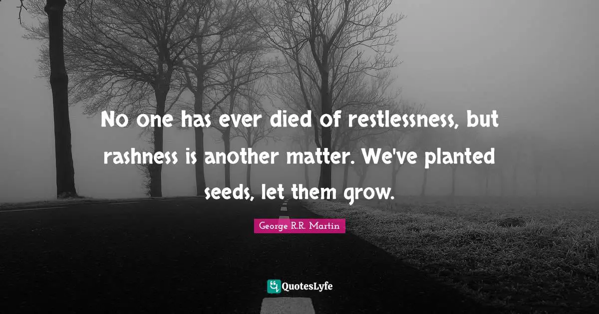 No one has ever died of restlessness, but rashness is another matter. We've planted seeds, let them grow.