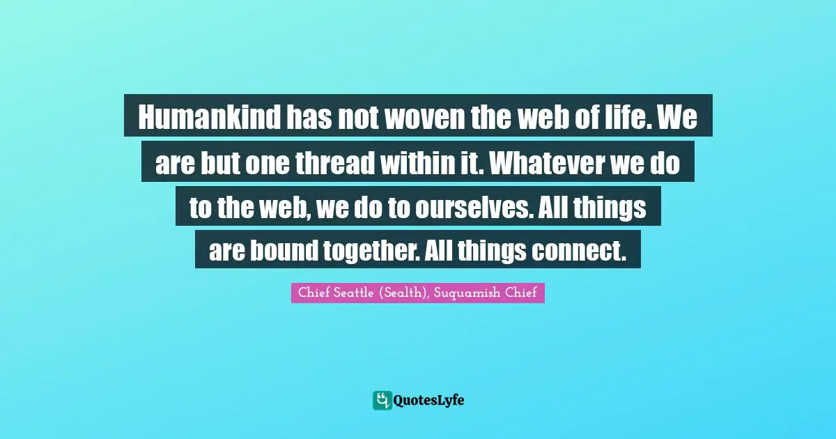 Humankind has not woven the web of life. We are but one thread within it. Whatever we do to the web, we do to ourselves. All things are bound together. All things connect.