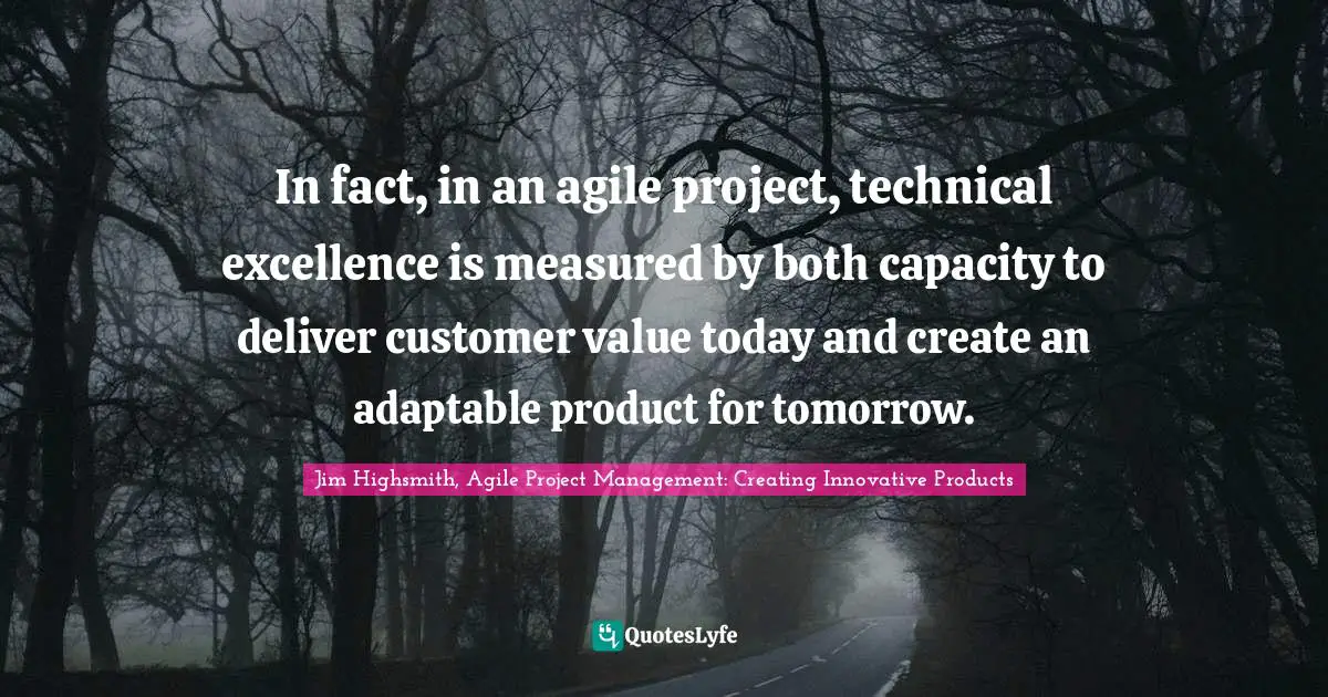 Jim Highsmith Quotes: "In fact, in an agile project, technical excellence is measured by both capacity to deliver customer value today and create an adaptable product for tomorrow."