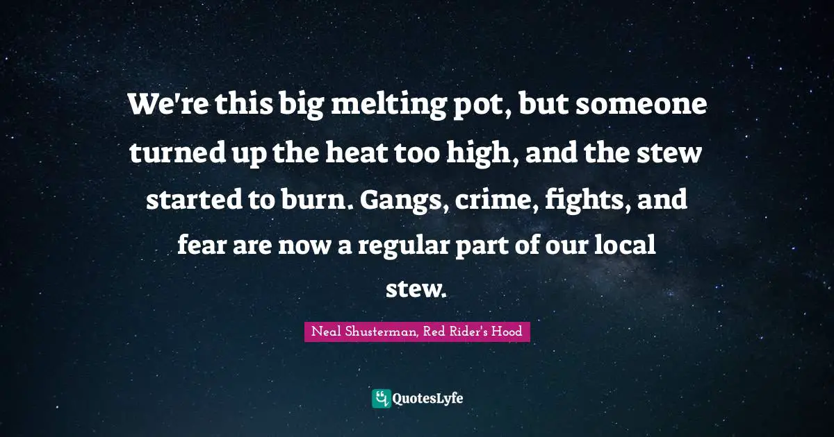We're this big melting pot, but someone turned up the heat too high, and the stew started to burn. Gangs, crime, fights, and fear are now a regular part of our local stew.