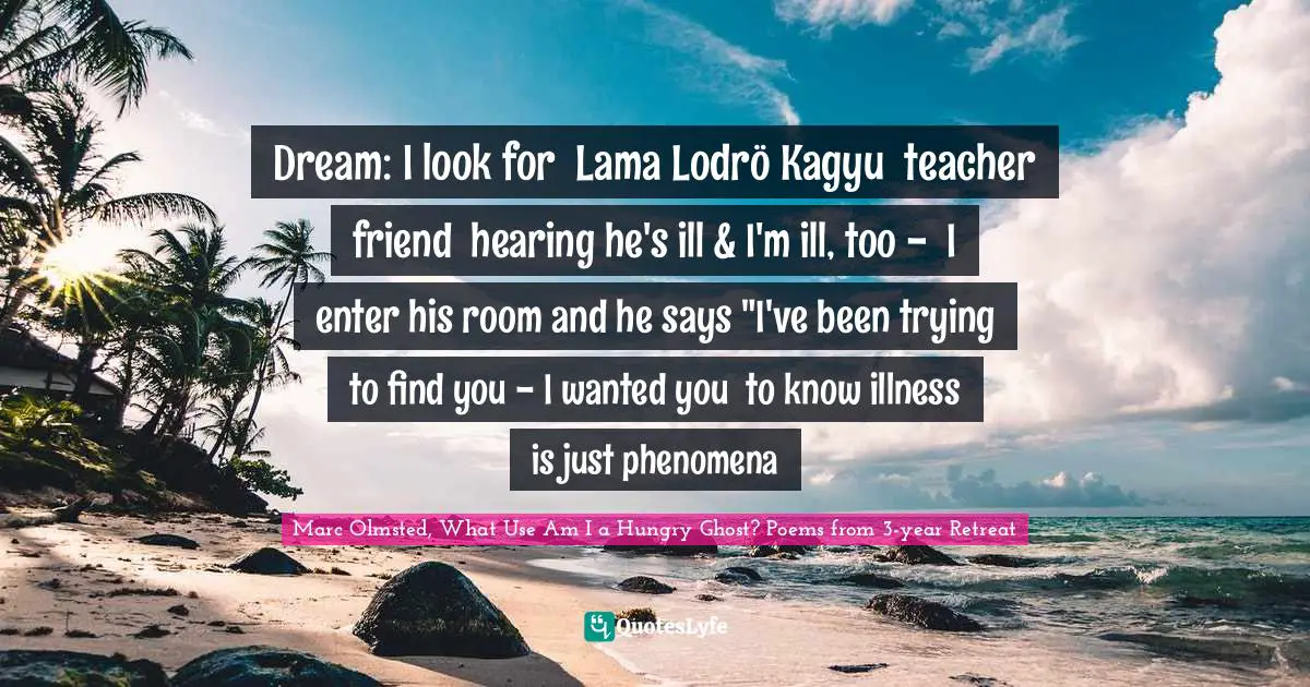 Dream: I look for  Lama Lodrö Kagyu  teacher friend  hearing he's ill & I'm ill, too -  I enter his room and he says "I've been trying to find you - I wanted you  to know illness is just phenomena
