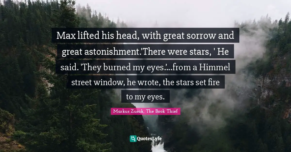 Max lifted his head, with great sorrow and great astonishment.'There were stars, ' He said. 'They burned my eyes.’...from a Himmel street window, he wrote, the stars set fire to my eyes.
