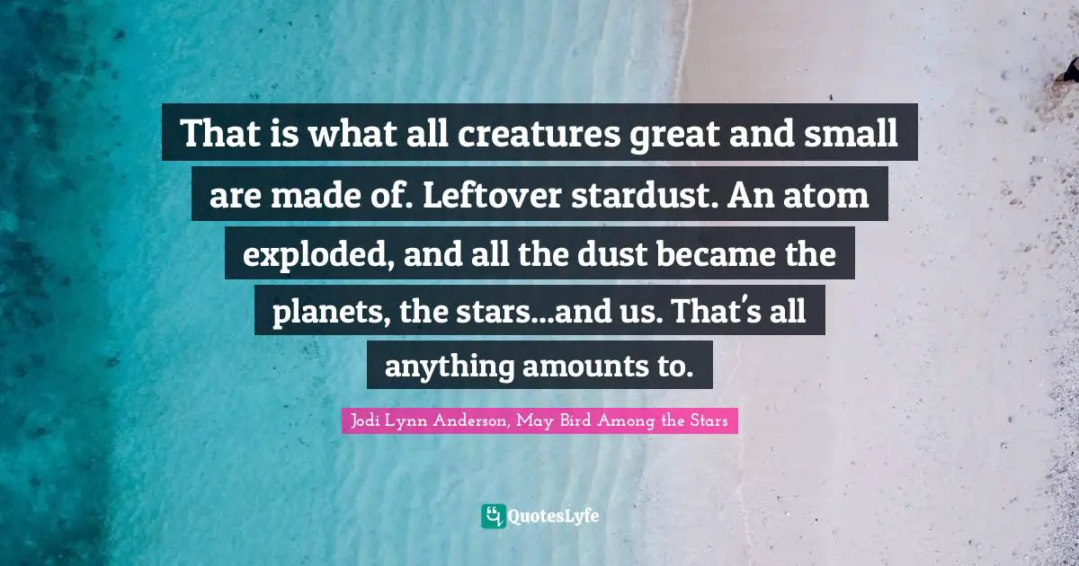 That is what all creatures great and small are made of. Leftover stardust. An atom exploded, and all the dust became the planets, the stars...and us. That's all anything amounts to.