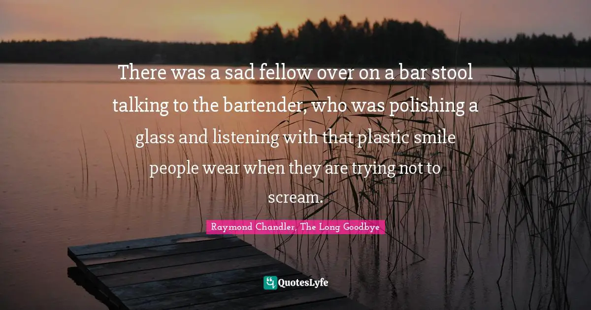 There was a sad fellow over on a bar stool talking to the bartender, who was polishing a glass and listening with that plastic smile people wear when they are trying not to scream.