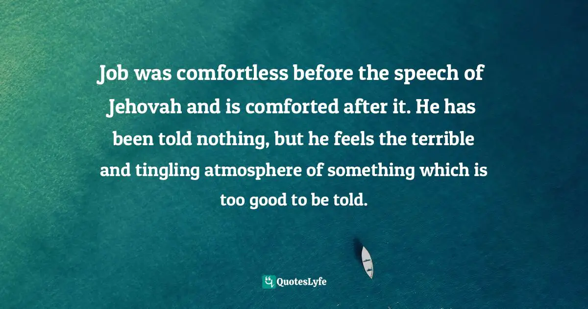 Job was comfortless before the speech of Jehovah and is comforted after it. He has been told nothing, but he feels the terrible and tingling atmosphere of something which is too good to be told.