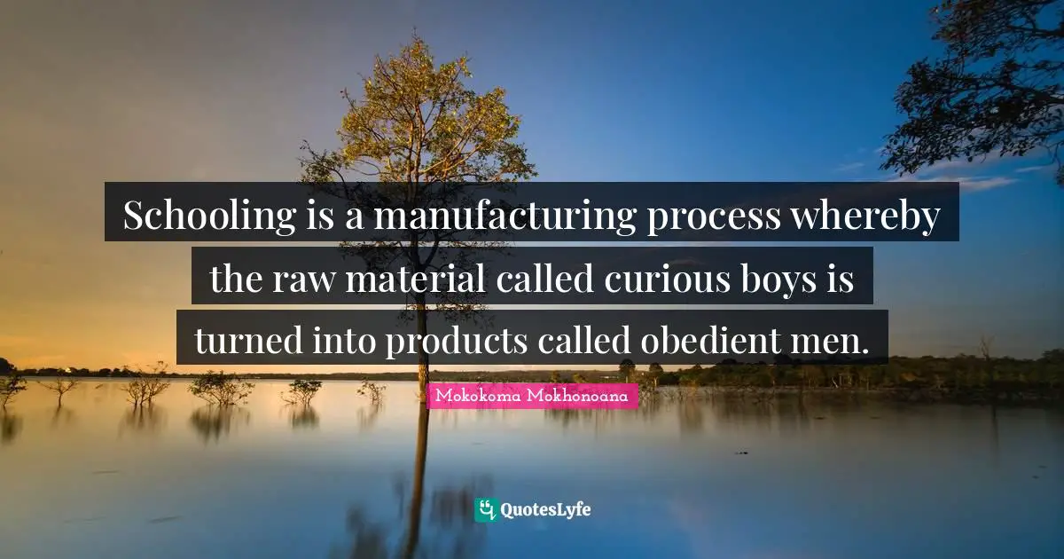Mokokoma Mokhonoana Quotes: "Schooling is a manufacturing process whereby the raw material called curious boys is turned into products called obedient men."