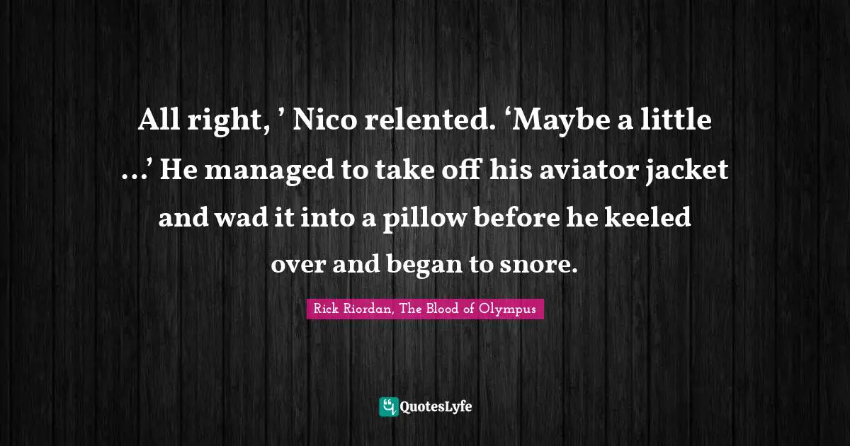All right, ’ Nico relented. ‘Maybe a little …’ He managed to take off his aviator jacket and wad it into a pillow before he keeled over and began to snore.