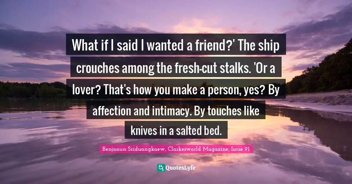 What if I said I wanted a friend?' The ship crouches among the fresh-cut stalks. 'Or a lover? That's how you make a person, yes? By affection and intimacy. By touches like knives in a salted bed.