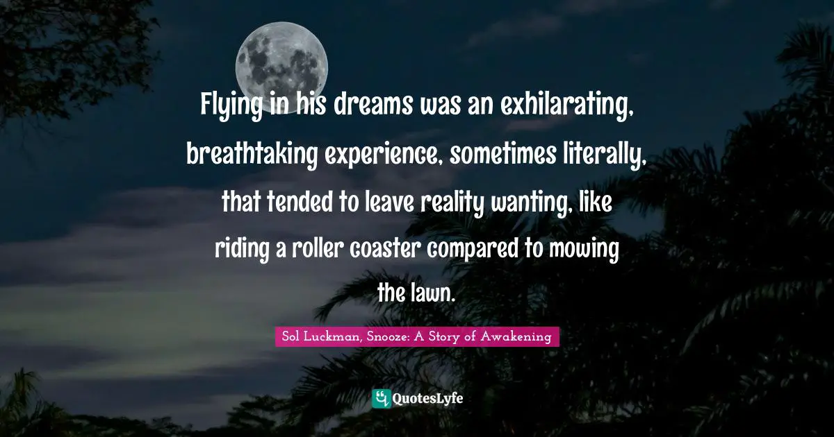 Flying in his dreams was an exhilarating, breathtaking experience, sometimes literally, that tended to leave reality wanting, like riding a roller coaster compared to mowing the lawn.