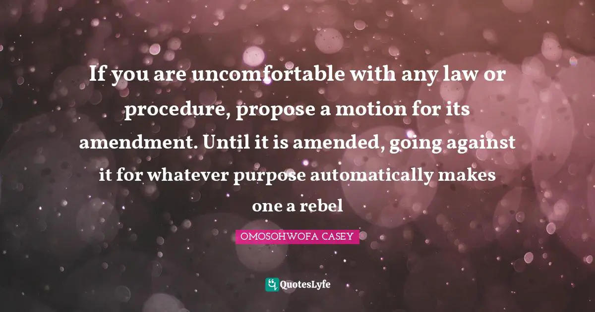 Procedure Quotes: "If you are uncomfortable with any law or procedure, propose a motion for its amendment. Until it is amended, going against it for whatever purpose automatically makes one a rebel"