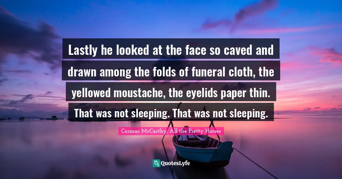 Lastly he looked at the face so caved and drawn among the folds of funeral cloth, the yellowed moustache, the eyelids paper thin. That was not sleeping. That was not sleeping.