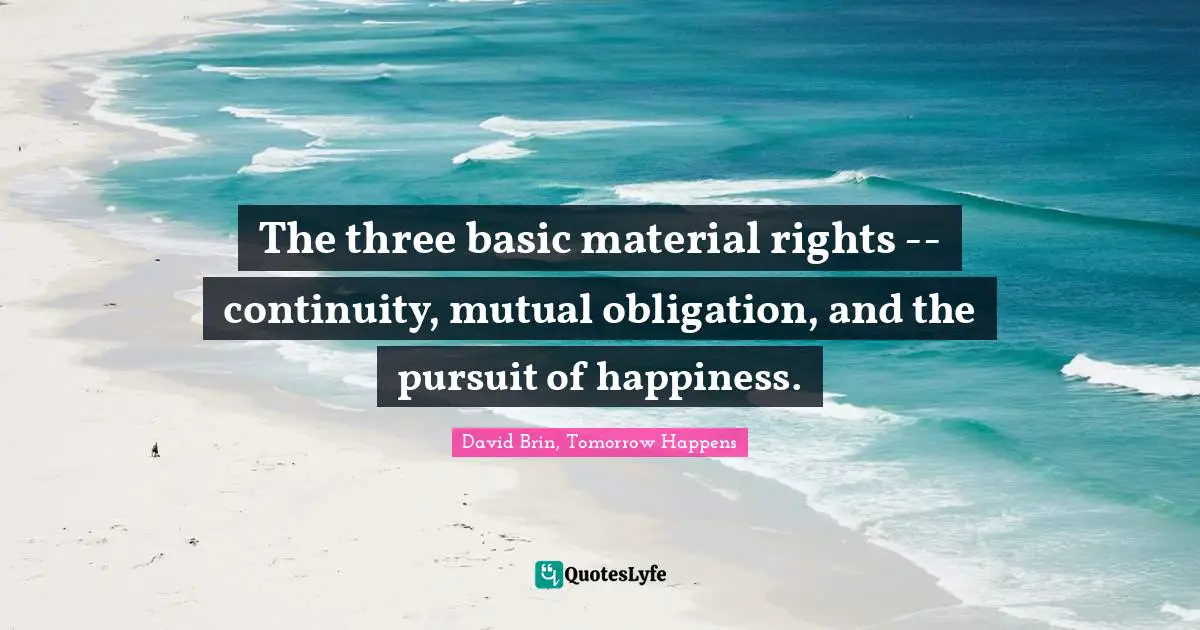 David Brin Quotes: "The three basic material rights -- continuity, mutual obligation, and the pursuit of happiness."