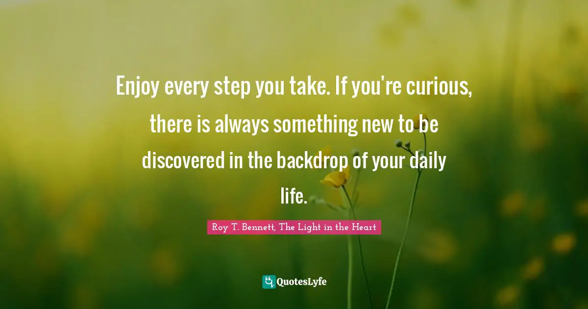 Roy T. Bennett, The Light in the Heart Quotes: Enjoy every step you take. If you're curious, there is always something new to be discovered in the backdrop of your daily life.