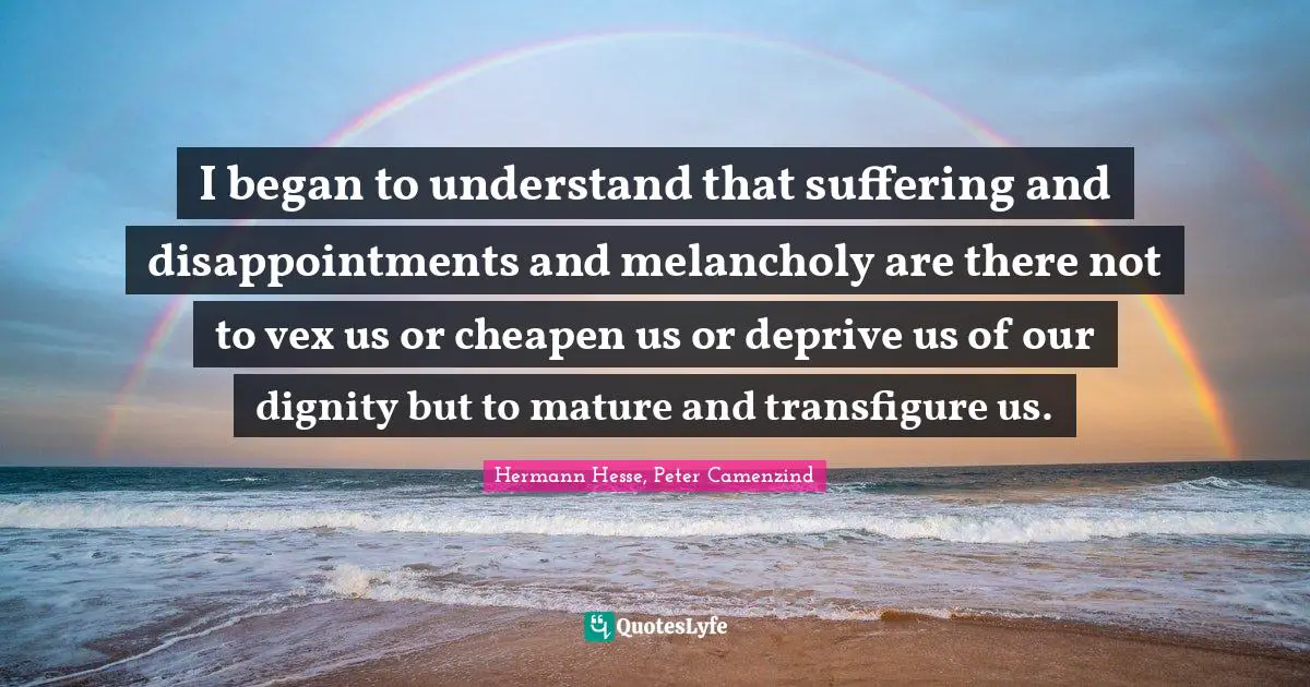 Hermann Hesse Quotes: "I began to understand that suffering and disappointments and melancholy are there not to vex us or cheapen us or deprive us of our dignity but to mature and transfigure us."