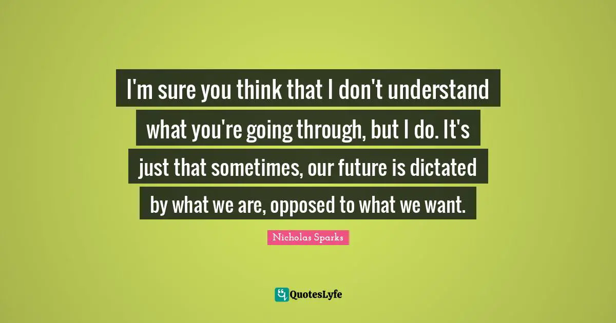 I'm sure you think that I don't understand what you're going through, but I do. It's just that sometimes, our future is dictated by what we are, opposed to what we want.