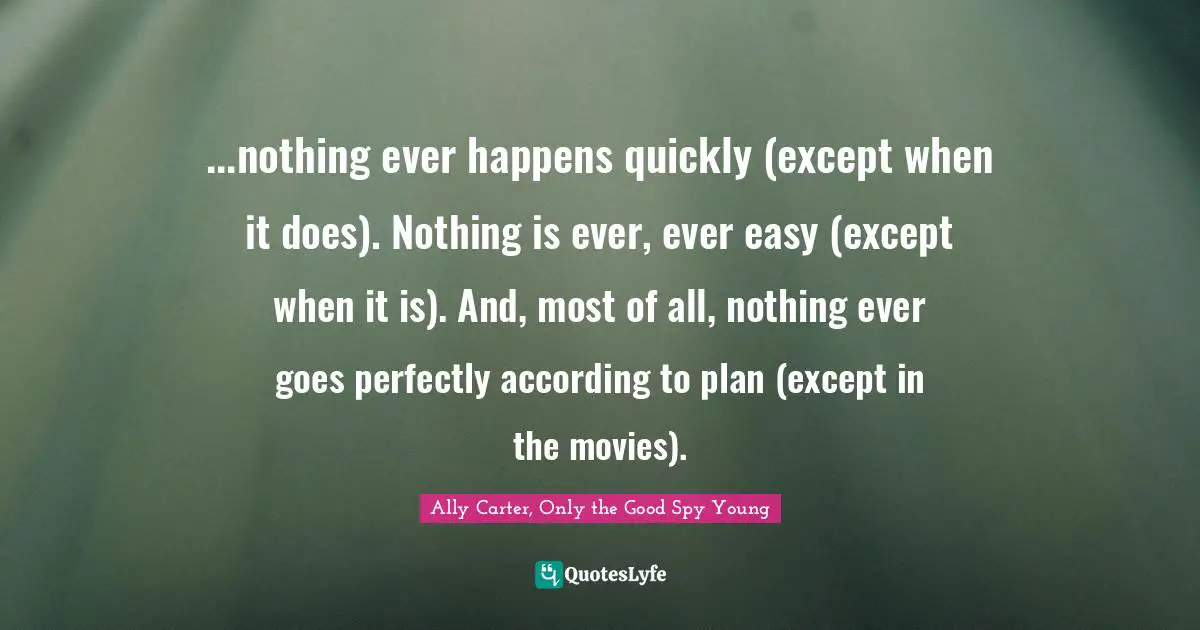 ...nothing ever happens quickly (except when it does). Nothing is ever, ever easy (except when it is). And, most of all, nothing ever goes perfectly according to plan (except in the movies).