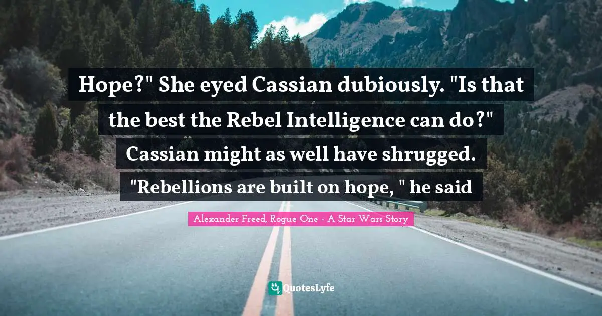 Hope?" She eyed Cassian dubiously. "Is that the best the Rebel Intelligence can do?" Cassian might as well have shrugged. "Rebellions are built on hope, " he said